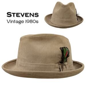 Vintage Stevens Fedora Hat 7 1/4 Tan Suede Wool Felt Rolled Brim Feather 80s